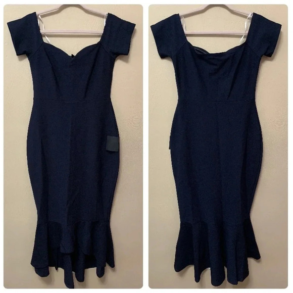 Lulus How Much I Care Midnight Blue Off-the-Shoulder Midi Dress Size Medium NWT - Picture 3 of 11